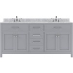 Caroline 72" Double Bath Vanity in Gray with White Marble Top and Round Sinks with Polished Chrome Faucets