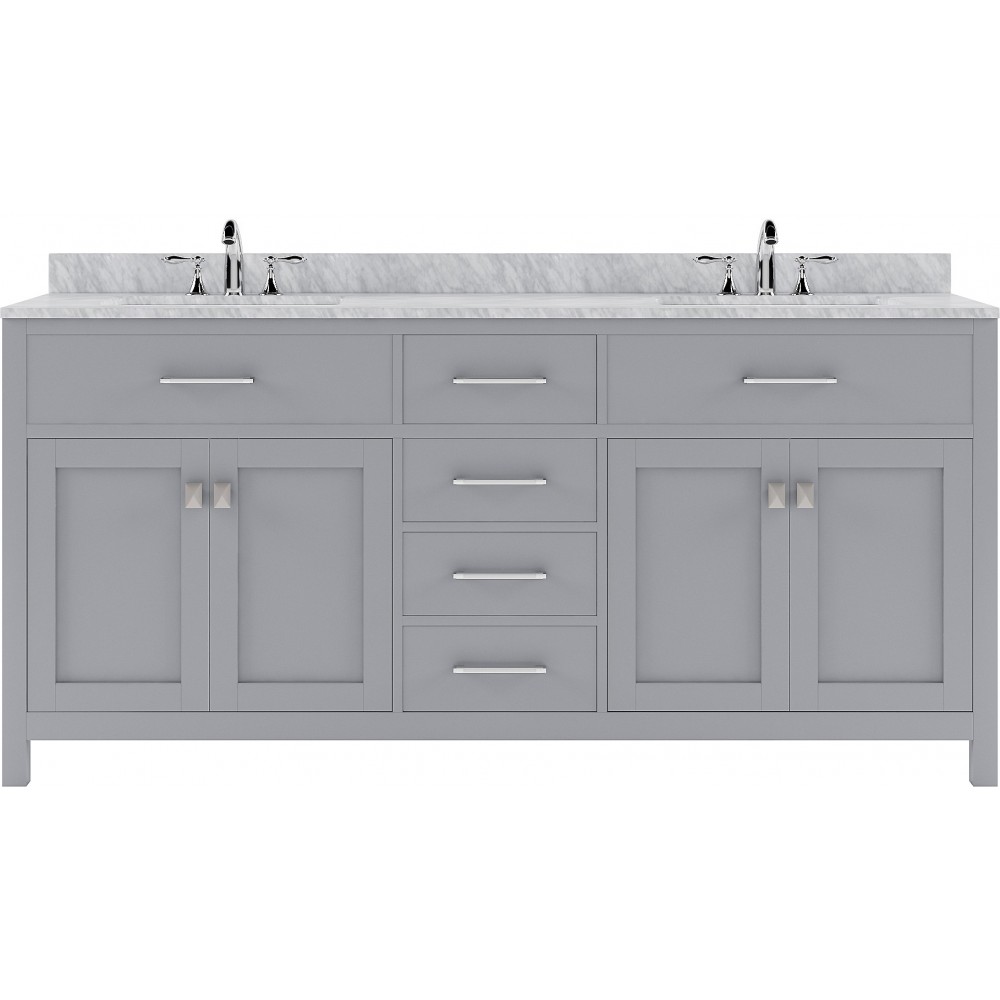 Caroline 72" Double Bath Vanity in Gray with White Marble Top and Round Sinks with Polished Chrome Faucets