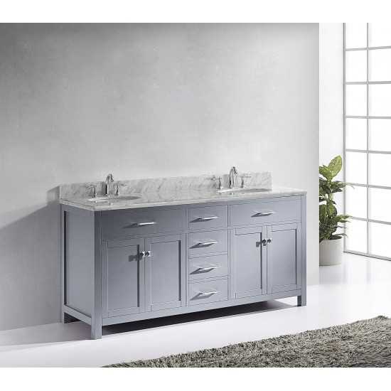 Caroline 72" Double Bath Vanity in Gray with White Marble Top and Round Sinks with Polished Chrome Faucets