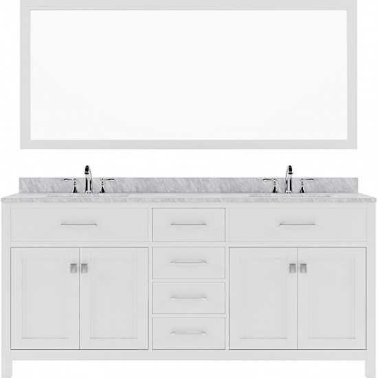 Caroline 72" Double Bath Vanity in White with White Marble Top and Round Sinks and Matching Mirror