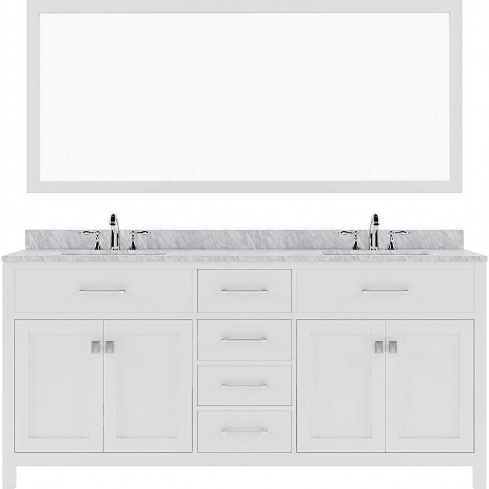 Caroline 72" Double Bath Vanity in White with White Marble Top and Round Sinks and Matching Mirror