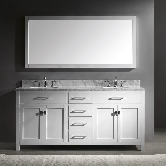 Caroline 72" Double Bath Vanity in White with White Marble Top and Round Sinks and Matching Mirror