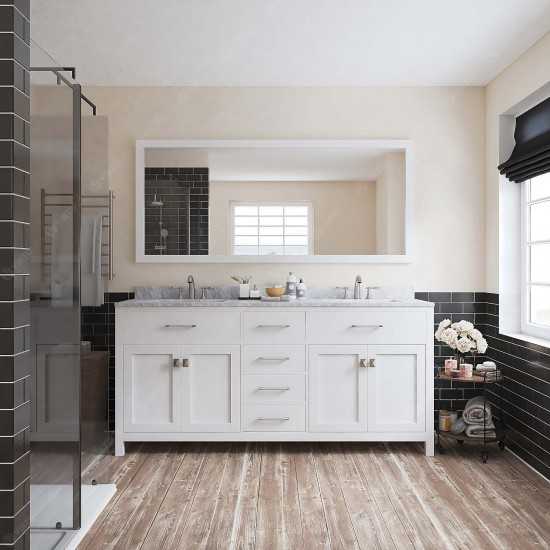 Caroline 72" Double Bath Vanity in White with White Marble Top and Round Sinks and Matching Mirror