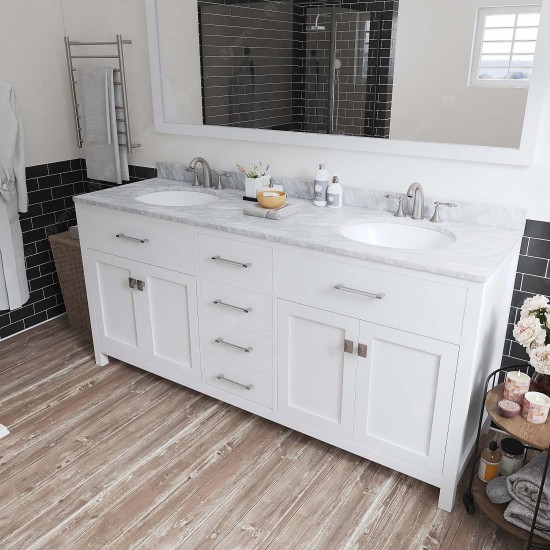 Caroline 72" Double Bath Vanity in White with White Marble Top and Round Sinks and Matching Mirror