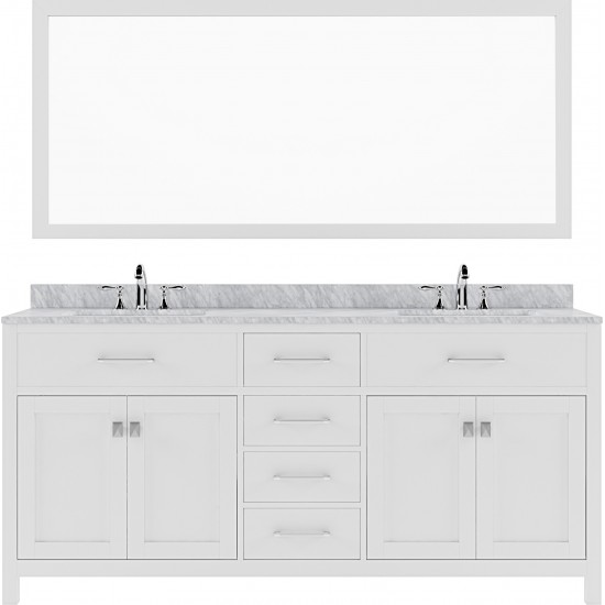 Caroline 72" Double Bath Vanity in White with White Marble Top and Round Sinks with Brushed Nickel Faucets and Matching Mirro