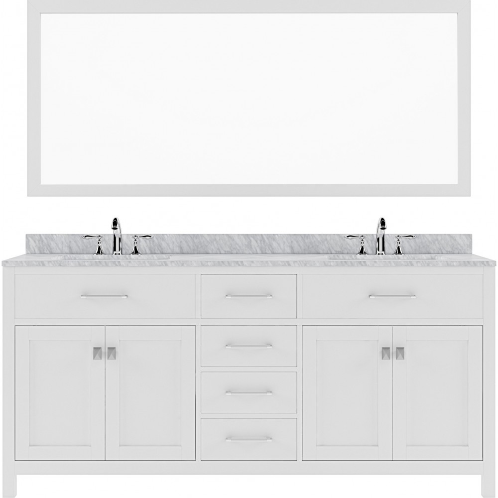 Caroline 72" Double Bath Vanity in White with White Marble Top and Round Sinks with Brushed Nickel Faucets and Matching Mirro