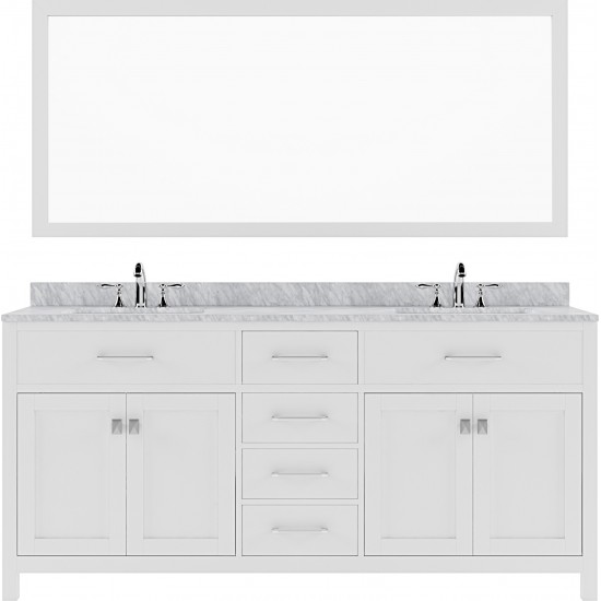 Caroline 72" Double Bath Vanity in White with White Marble Top and Round Sinks with Polished Chrome Faucets and Matching Mirr