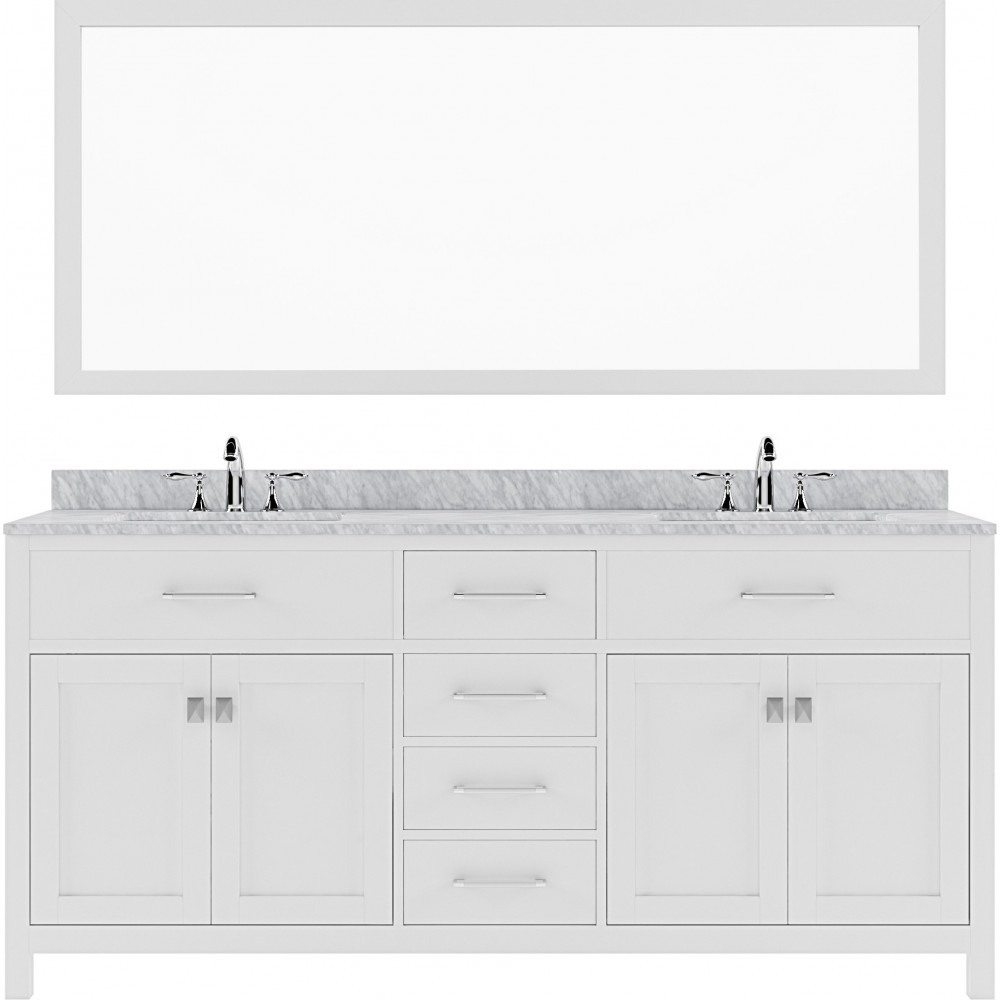 Caroline 72" Double Bath Vanity in White with White Marble Top and Round Sinks with Polished Chrome Faucets and Matching Mirr