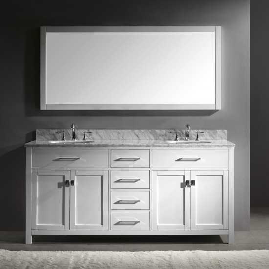 Caroline 72" Double Bath Vanity in White with White Marble Top and Round Sinks with Polished Chrome Faucets and Matching Mirr