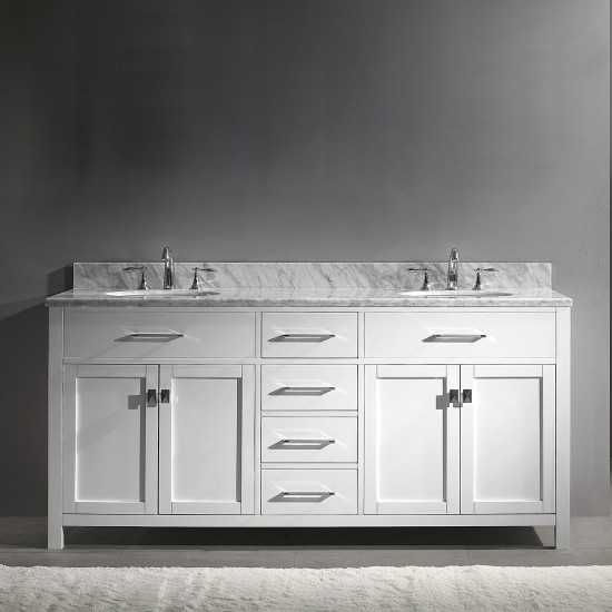 Caroline 72" Double Bath Vanity in White with White Marble Top and Round Sinks