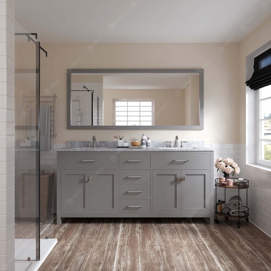 Caroline 72" Double Bath Vanity in Cashmere Gray with White Marble Top and Square Sinks and Matching Mirror