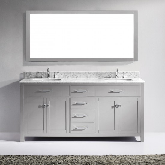 Caroline 72" Double Bath Vanity in Cashmere Gray with White Marble Top and Square Sinks with Brushed Nickel Faucets and Mirro