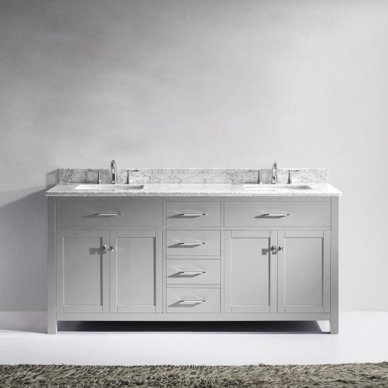 Caroline 72" Double Bath Vanity in Cashmere Gray with White Marble Top and Square Sinks with Polished Chrome Faucets