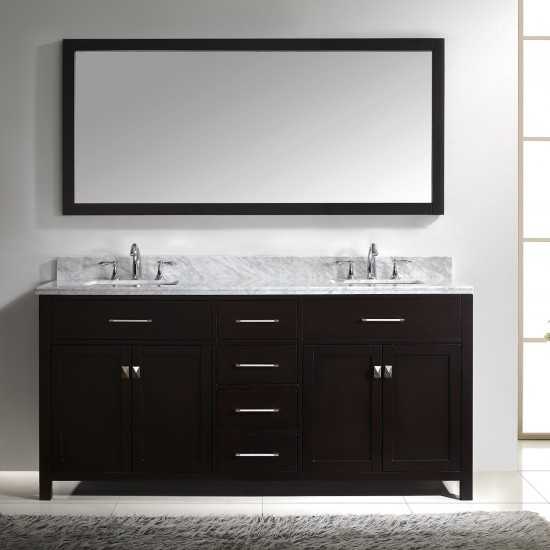 Caroline 72" Double Bath Vanity in Espresso with White Marble Top and Square Sinks and Matching Mirror