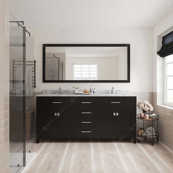 Caroline 72" Double Bath Vanity in Espresso with White Marble Top and Square Sinks with Brushed Nickel Faucets and Mirror