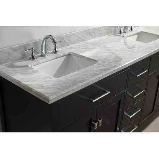 Caroline 72" Double Bath Vanity in Espresso with White Marble Top and Square Sinks with Brushed Nickel Faucets and Mirror