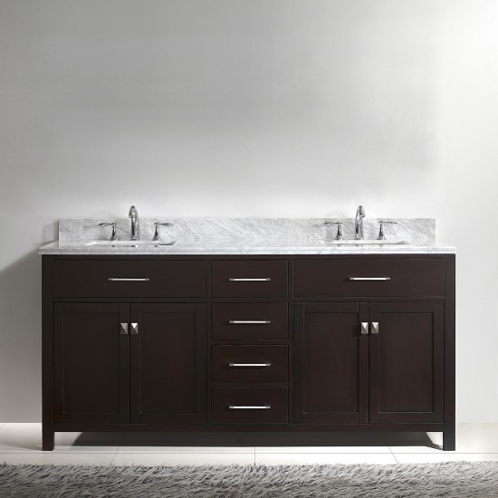 Caroline 72" Double Bath Vanity in Espresso with White Marble Top and Square Sinks with Brushed Nickel Faucets