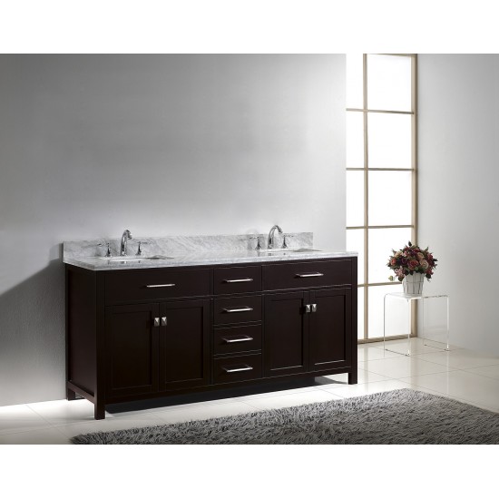 Caroline 72" Double Bath Vanity in Espresso with White Marble Top and Square Sinks with Brushed Nickel Faucets