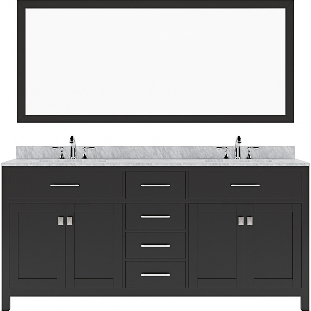 Caroline 72" Double Bath Vanity in Espresso with White Marble Top and Square Sinks with Polished Chrome Faucets and Mirror