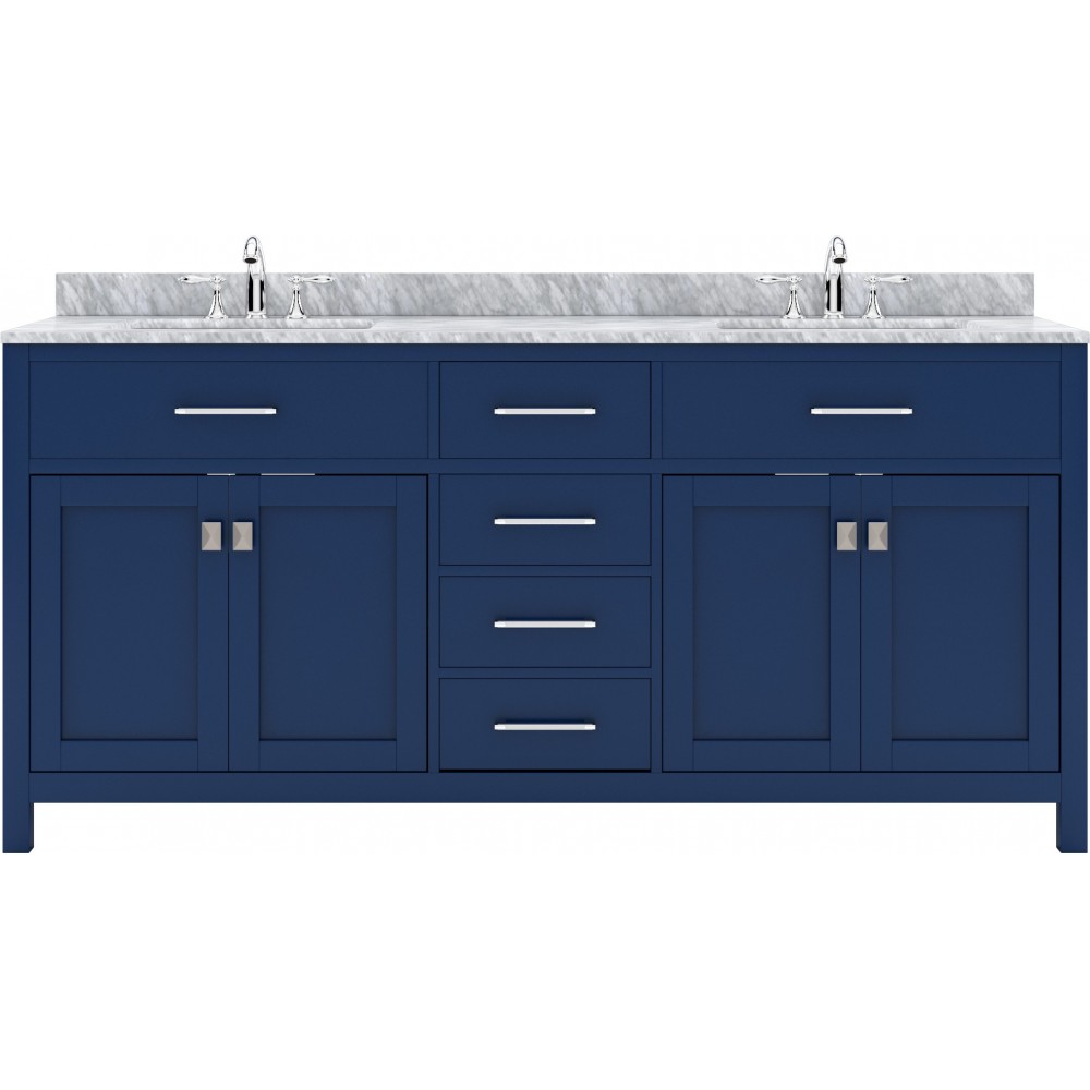 Caroline 72" Double Bath Vanity in French Blue with White Marble Top and Square Sinks with Brushed Nickel Faucets