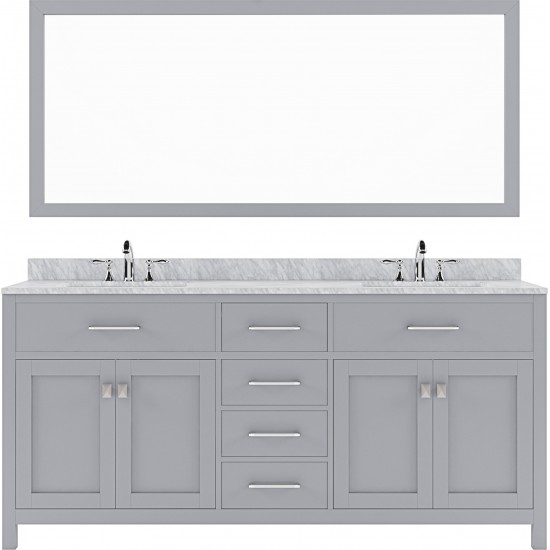 Caroline 72" Double Bath Vanity in Gray with White Marble Top and Square Sinks and Matching Mirror