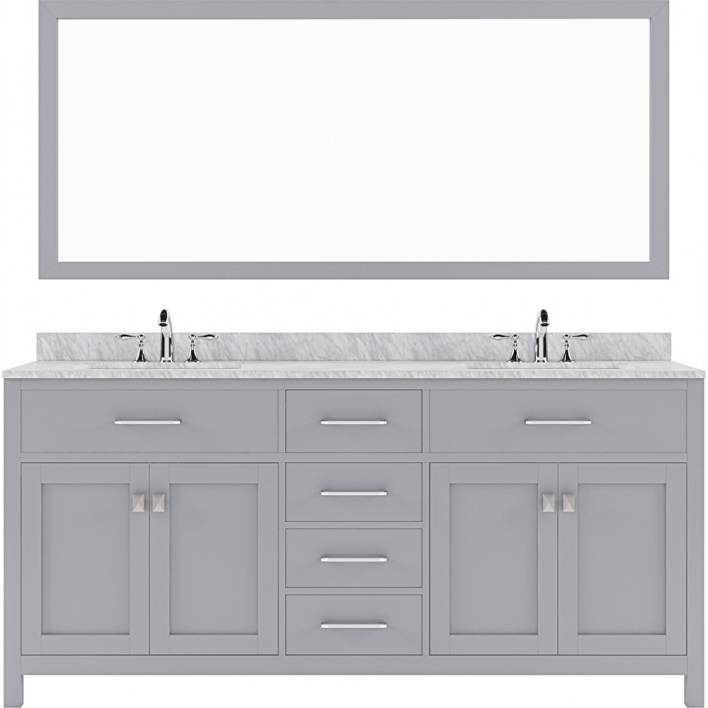 Caroline 72" Double Bath Vanity in Gray with White Marble Top and Square Sinks and Matching Mirror