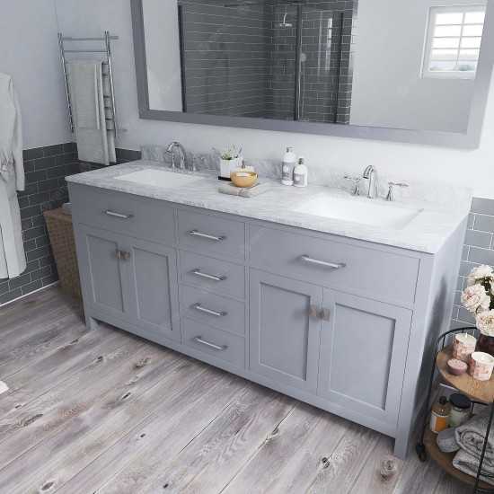 Caroline 72" Double Bath Vanity in Gray with White Marble Top and Square Sinks and Matching Mirror