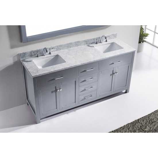 Caroline 72" Double Bath Vanity in Gray with White Marble Top and Square Sinks and Matching Mirror