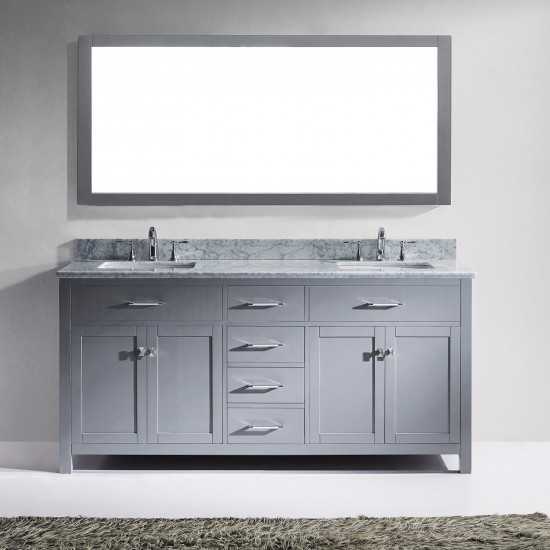 Caroline 72" Double Bath Vanity in Gray with White Marble Top and Square Sinks with Brushed Nickel Faucets and Matching Mirro