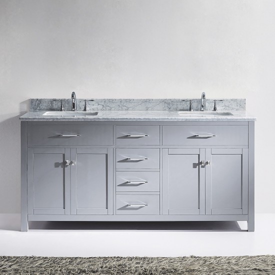 Caroline 72" Double Bath Vanity in Gray with White Marble Top and Square Sinks with Brushed Nickel Faucets