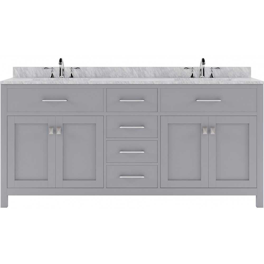 Caroline 72" Double Bath Vanity in Gray with White Marble Top and Square Sinks with Polished Chrome Faucets