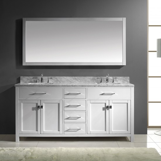 Caroline 72" Double Bath Vanity in White with White Marble Top and Square Sinks with Polished Chrome Faucets and Matching Mir