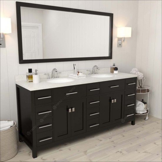 Caroline Parkway 72" Double Vanity in Espresso with White Quartz Top and Round Sinks with Polished Chrome Faucets and Mirror