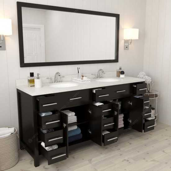 Caroline Parkway 72" Double Vanity in Espresso with White Quartz Top and Round Sinks with Polished Chrome Faucets and Mirror