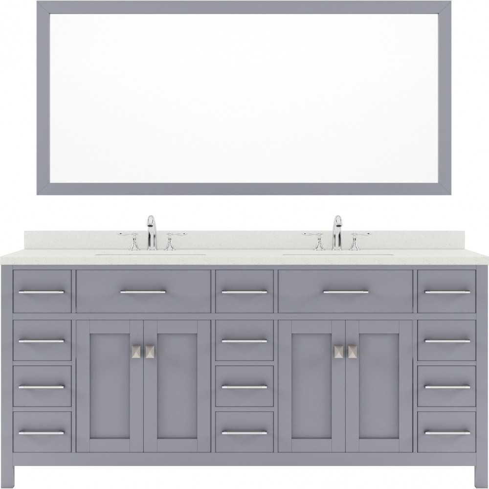 Caroline Parkway 72" Double Bath Vanity in Gray with White Quartz Top and Round Sinks and Matching Mirror