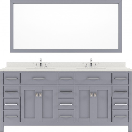 Caroline Parkway 72" Double Bath Vanity in Gray with White Quartz Top and Round Sinks with Polished Chrome Faucets and Mirror