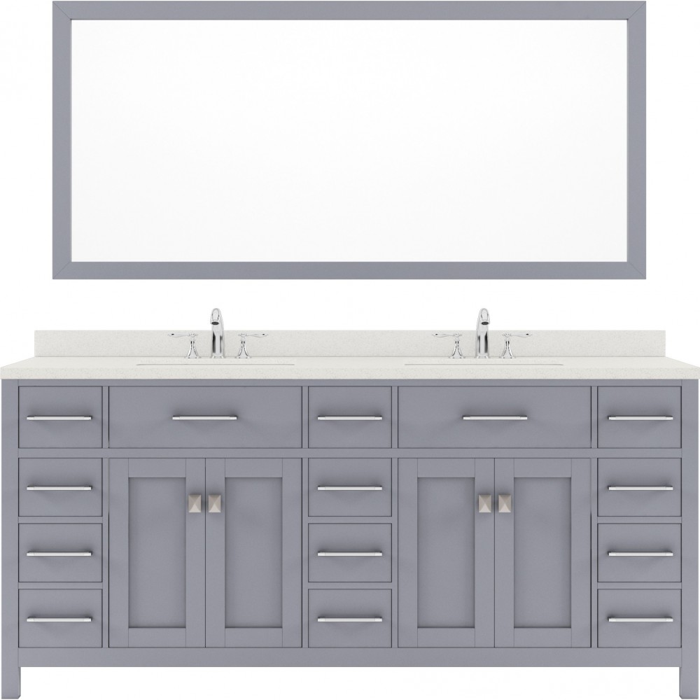 Caroline Parkway 72" Double Bath Vanity in Gray with White Quartz Top and Round Sinks with Polished Chrome Faucets and Mirror