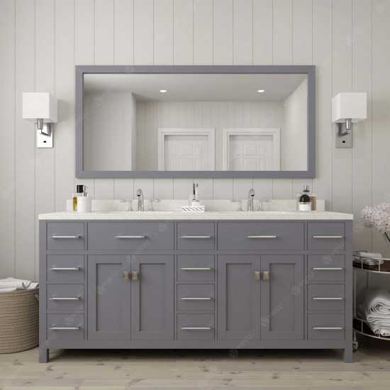 Caroline Parkway 72" Double Bath Vanity in Gray with White Quartz Top and Round Sinks with Polished Chrome Faucets and Mirror