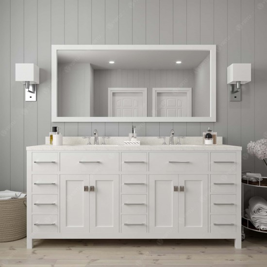 Caroline Parkway 72" Double Bath Vanity in White with White Quartz Top and Round Sinks and Matching Mirror