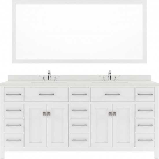 Caroline Parkway 72" Double Bath Vanity in White with White Quartz Top and Round Sinks with Brushed Nickel Faucets and Mirror