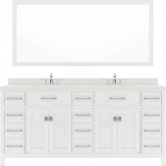 Caroline Parkway 72" Double Bath Vanity in White with White Quartz Top and Round Sinks with Polished Chrome Faucets and Mirro