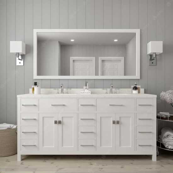 Caroline Parkway 72" Double Bath Vanity in White with White Quartz Top and Round Sinks with Polished Chrome Faucets and Mirro