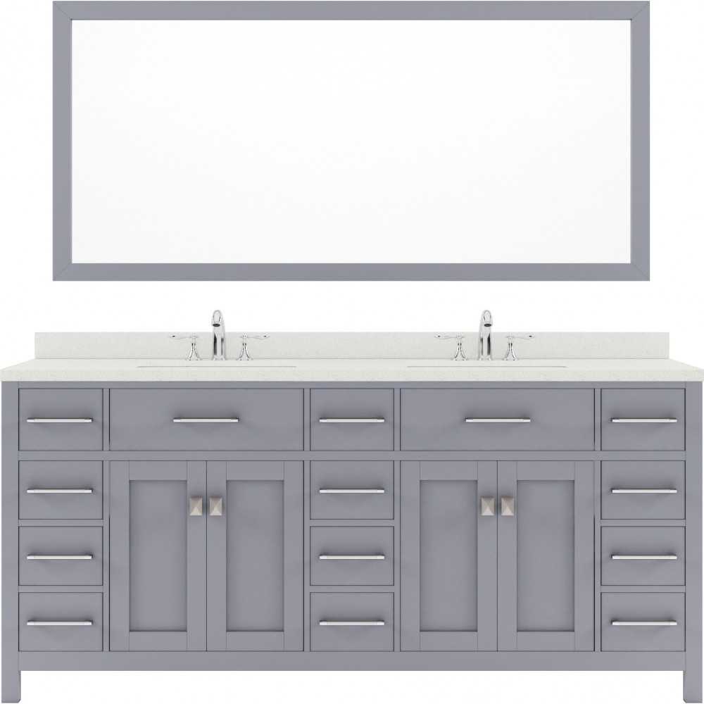 Caroline Parkway 72" Double Bath Vanity in Gray with White Quartz Top and Square Sinks with Brushed Nickel Faucets and Mirror