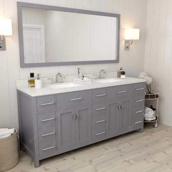 Caroline Parkway 72" Double Bath Vanity in Gray with White Quartz Top and Square Sinks with Brushed Nickel Faucets and Mirror