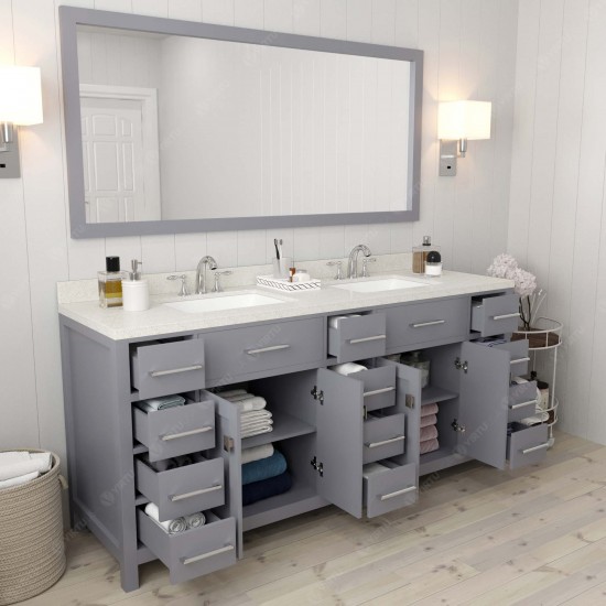 Caroline Parkway 72" Double Bath Vanity in Gray with White Quartz Top and Square Sinks with Brushed Nickel Faucets and Mirror