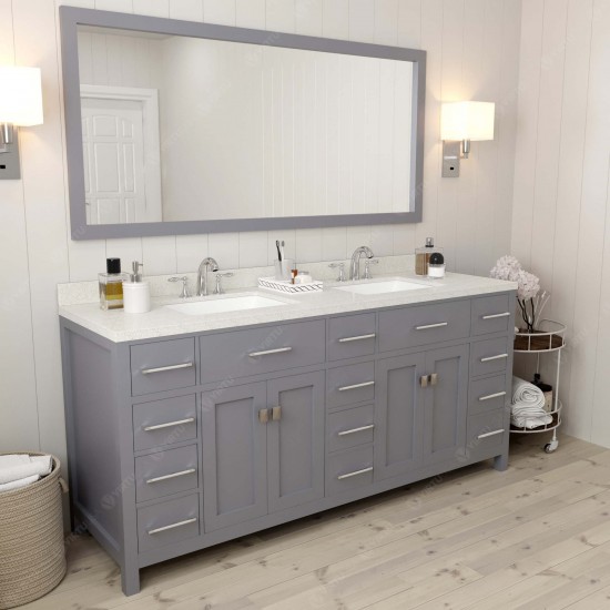 Caroline Parkway 72" Double Bath Vanity in Gray with White Quartz Top and Square Sinks with Polished Chrome Faucets and Mirro