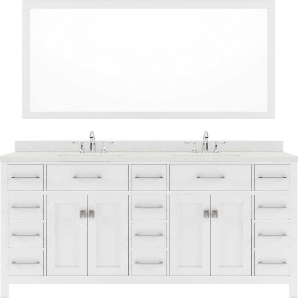 Caroline Parkway 72" Double Bath Vanity in White with White Quartz Top and Square Sinks and Matching Mirror