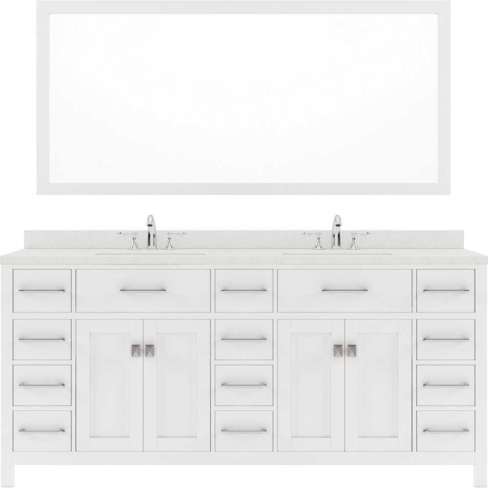 Caroline Parkway 72" Double Bath Vanity in White with White Quartz Top and Square Sinks with Brushed Nickel Faucets and Mirro