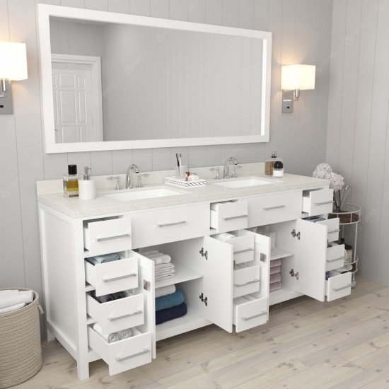 Caroline Parkway 72" Double Bath Vanity in White with White Quartz Top and Square Sinks with Brushed Nickel Faucets and Mirro