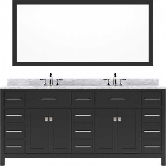 Caroline Parkway 72" Double Bath Vanity in Espresso with White Marble Top and Round Sinks and Matching Mirror